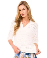 Cece Womens Open Knit Short Sleeve Polo Sweater Wide Leg Pull On Pants