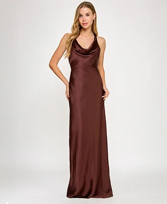Seni & Cade Juniors' Satin Cowl-Neck Halter Gown
