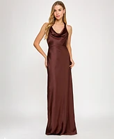 Seni & Cade Juniors' Satin Cowl-Neck Halter Gown