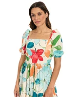 London Times Women's Floral-Print Square-Neck Puff Midi Dress