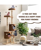 Vebreda Sugift 6-Tier Wooden Cat Tree with 2 Removable Condos Platforms and Perch