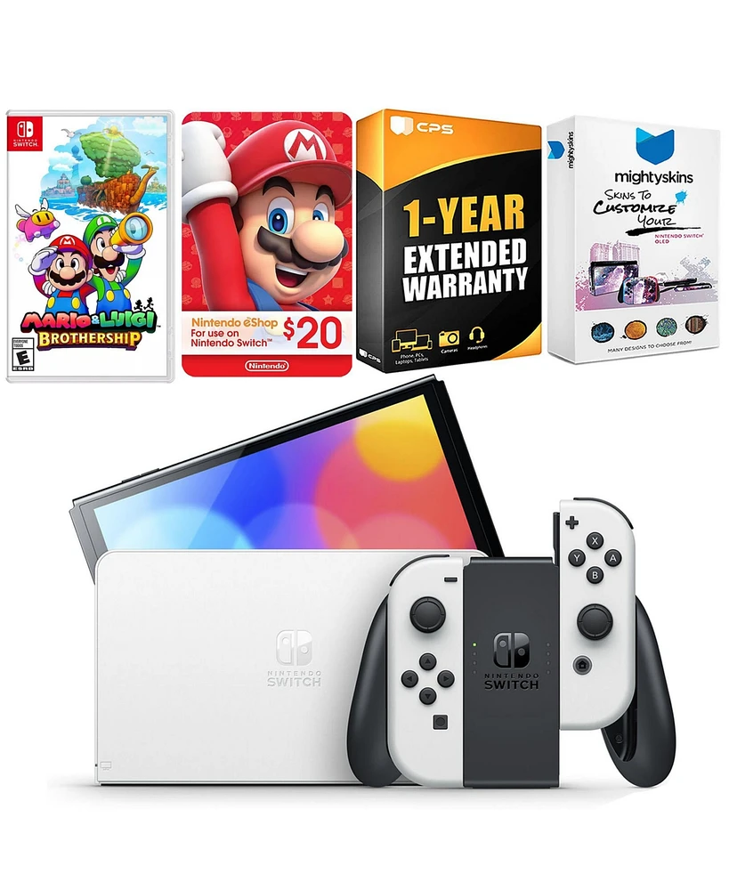 Nintendo Switch White Oled Console with Mario & Luigi: Brothership, Nintendo $20 eShop Gift Card, MightySkins Console and Controller Skin Voucher