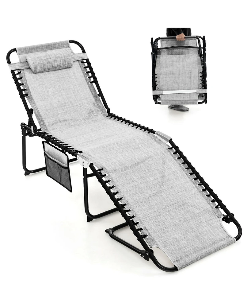 Gymax Folding Chaise Lounge Portable Lay Flat Reclining Chair w/ 4-Level Backrest Side Pocket Gray