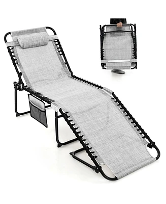 Gymax Folding Chaise Lounge Portable Lay Flat Reclining Chair w/ 4-Level Backrest Side Pocket Gray