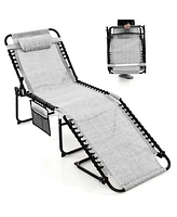 Gymax Folding Chaise Lounge Portable Lay Flat Reclining Chair w/ 4-Level Backrest Side Pocket Gray