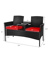 Gymax Rattan Wicker Patio Conversation Set w/ Table Red Cushion