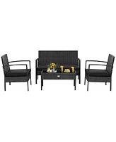 Gymax 4PCS Rattan Patio Conversation Set Outdoor Wicker Furniture Set w/ Cushions