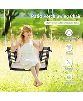 Gymax Outdoor Metal Porch Swing Single Person Hanging Seat w/ Woven Rattan Backrest Porch Backyard