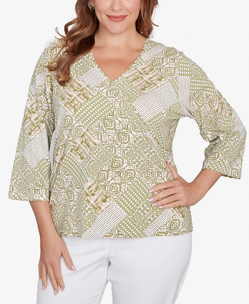 Hearts Of Palm Plus Embellished Printed Stretch Jersey Top