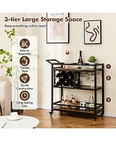 3-tier Bar Cart on Wheels Home Kitchen Serving with Wine Rack and Glasses Holder