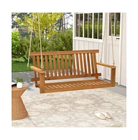 2-Seat Acacia Wood Porch Swing Bench with 2 Hanging Hemp Ropes