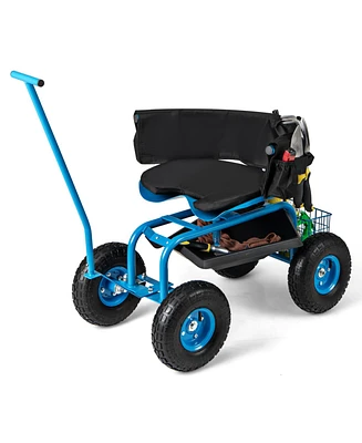 Multi-Functional Rolling Garden Cart with Swivel Seat & Large Storage Basket