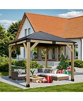 Aoodor 10 x 10 ft Wooden Frame Gazebo with Galvanized Metal Hardtop Roof, Outdoor Patio Gazebo with Charging Socket