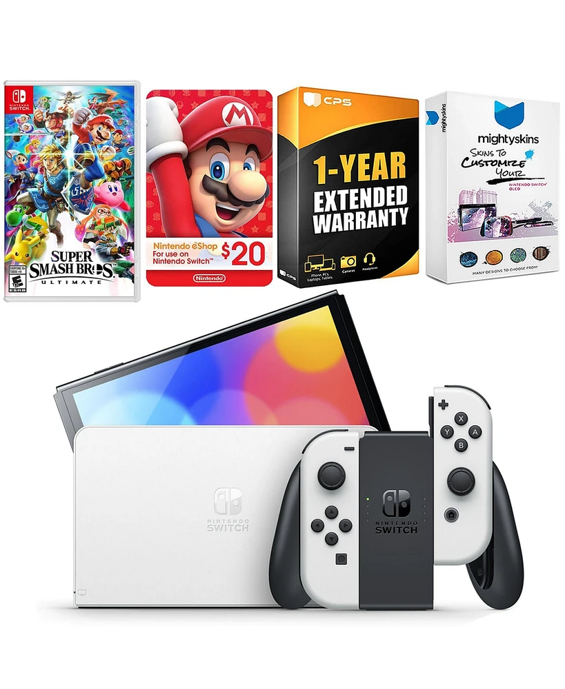 Nintendo Switch White Oled Console with Super Smash Bros: Ultimate, Nintendo $20 eShop Gift Card, MightySkins Console and Controller Skin Voucher