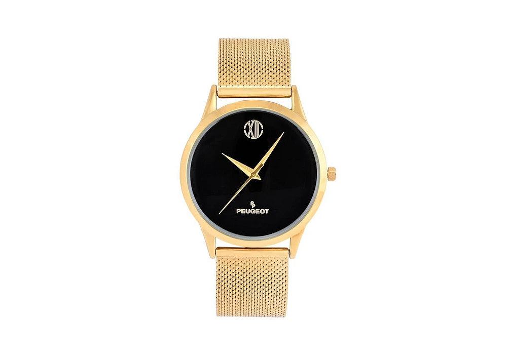 Peugeot Men's 40mm Wafer Slim Black Dial Gold Plated Case Watch with Mesh Band