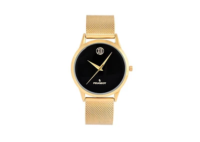 Peugeot Men's 40mm Wafer Slim Black Dial Gold Plated Case Watch with Mesh Band