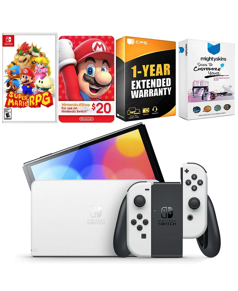Nintendo Switch White Oled Console with Super Mario Rpg , Nintendo $20 eShop Gift Card, MightySkins Console and Controller Skin Voucher