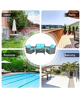 Gymax 4PCS Patio Rattan Conversation Set Outdoor Furniture Set w/ Turquoise Cushions