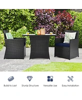 Gymax 3PCS Patio Wicker Bistro Set Pe Rattan Dining Table Set w/ Navy Cushions