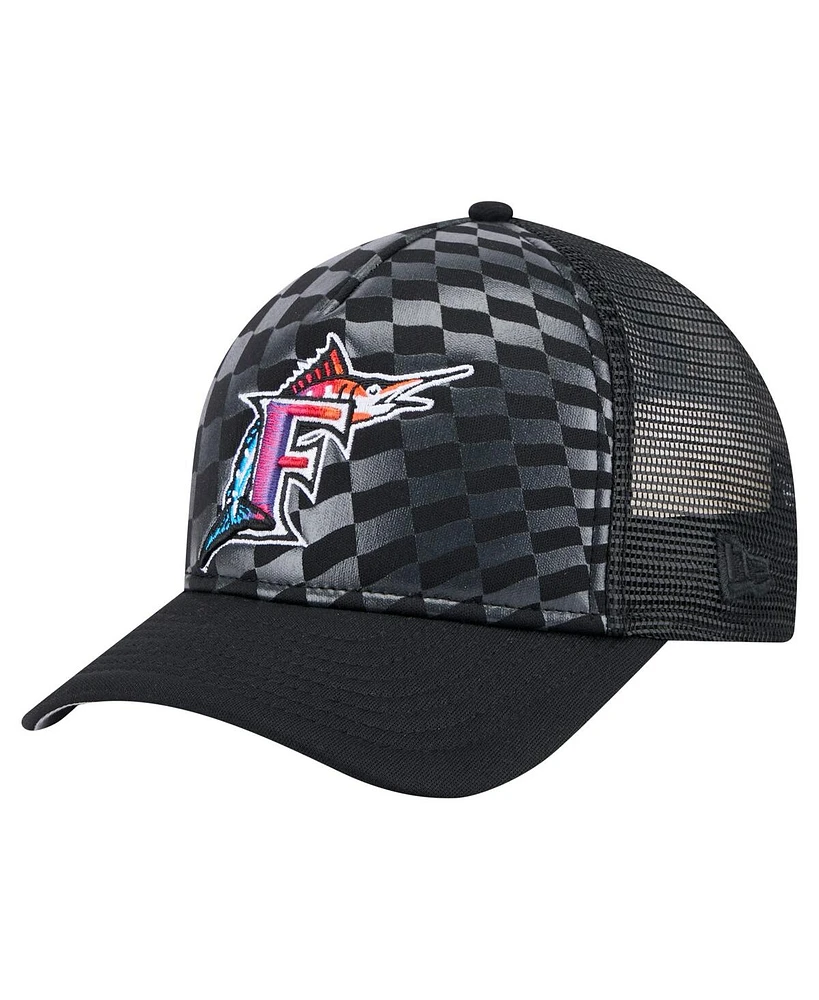 New Era Men's Black Florida Marlins Cooperstown Collection Gradient 9FORTY A-Frame M-Crown Trucker Adjustable Hat