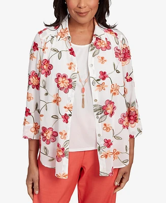 Alfred Dunner Women's Catalina Island Bright Floral Two One Top with Necklace