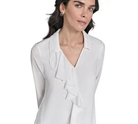 Calvin Klein Petite Ruffle-Trim Collared Blouse