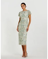 Mac Duggal Women's Embellished Mesh Fitted Short Sleeve Midi Dress