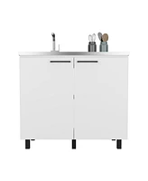 Salento 2 Freestanding Utility Base Cabinet with Stainless Steel Countertop and 2-Door, Smokey Oak
