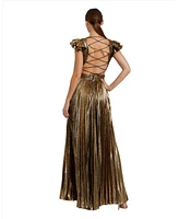 Mac Duggal Women's Ruffle Sleeve Cutout Pleated Metallic Gown