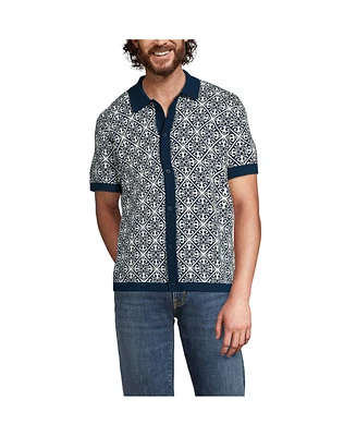 Lands' End Men's Short Sleeve Tile Jacquard Button Down Sweater Polo