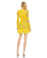 Mac Duggal Women's Floral Chiffon Dress with Deep V-Neck and Ruffle Tiered Skirt
