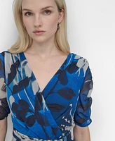 Dkny Women's V-Neck Ruched-Sleeve Belted Midi Dress