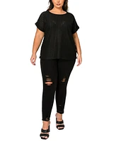 Coin 1804 Plus Eyelet Jersey Scoop Neck Side Buttons Top