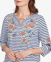 Alfred Dunner Women's El Paso Floral Stripe Ruched Sides Top