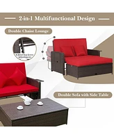 Gymax Rattan Loveseat Set Daybed Lounge w/ Storage Ottoman Side Tables Adjust Patio
