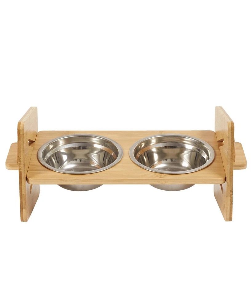 Bingopaw Adjustable Cat Bowl Set,Stainless Steel Bowls w/Bamboo Stand, 4 Height & Angle Positions for Cats/Kittens/Small Pets