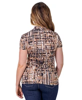 24seven Comfort Apparel Petite Brown Print Short Sleeve V-Neck Wrap Top