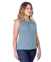 24seven Comfort Apparel Petite Blue Print Pleated Crew Neck Back Closure Sleeveless Top