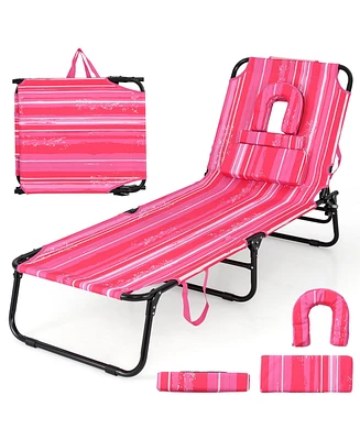 Gymax Beach Chaise Lounge Chair w/ 5-Position Adjustable Backrest & Face Hole Pillows