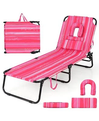 Gymax Beach Chaise Lounge Chair W 5 Position Adjustable Backrest Face Hole Pillows