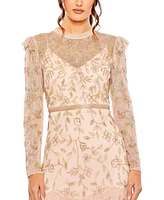 Mac Duggal Women's High Neck Flutter Cap Long Sleeve Tiered Embellish