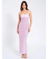Miss Circle Women's Lainey Purple Satin Sequin Pearls Beaded Maxi Dress
