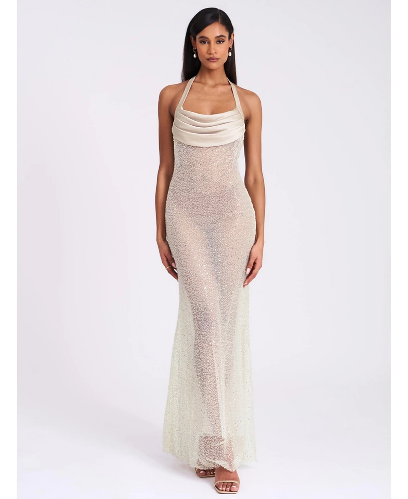 Miss Circle Women's Zahya Lime Halter Backless Beaded Mesh Gown