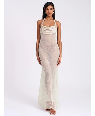 Miss Circle Women's Zahya Lime Halter Backless Beaded Mesh Gown
