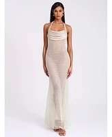 Miss Circle Women's Zahya Lime Halter Backless Beaded Mesh Gown