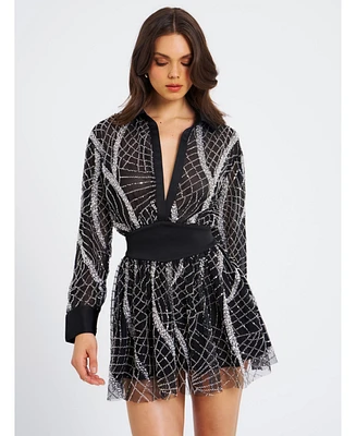 Miss Circle Women's Rachelle Black Embroidered Mesh Mini Shirt Dress