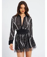 Miss Circle Women's Rachelle Black Embroidered Mesh Mini Shirt Dress