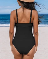 Cupshe Women's Surplice V Neck Shirred Mid Rise Tankini Sets