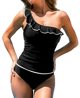 Cupshe Women's One Shoulder Neck Asymmetrical Ruffles Tankini Sets