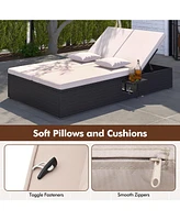 Gymax Outdoor Patio Daybed Pe Wicker Double Chaise Lounge w/ Adjustable Backrests